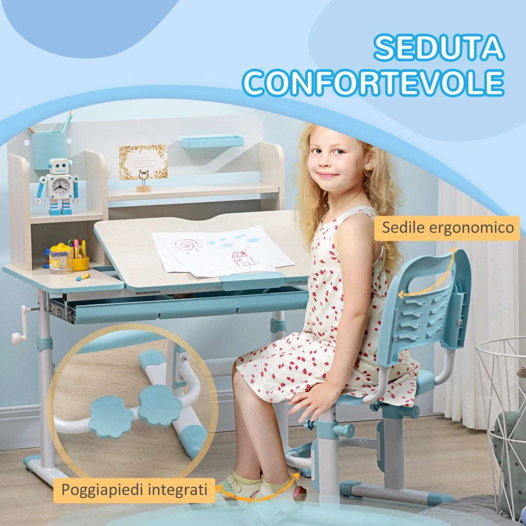 Scrivania per Bambini Regolabile con Cassetto e Ripiani ¨C zephmum ¨C Blu