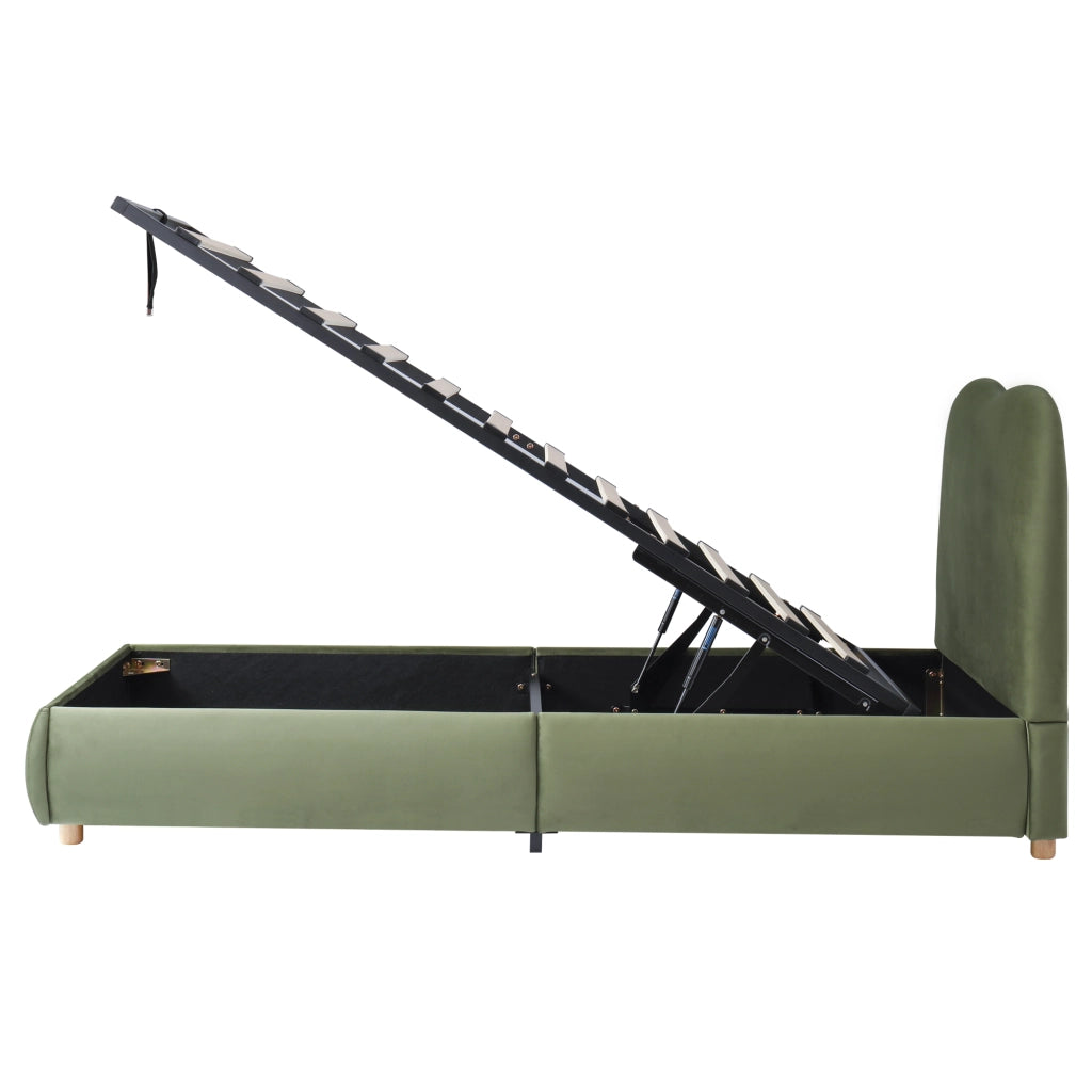 Letto imbottito per bambini con contenitore, rete a doghe, velluto verde