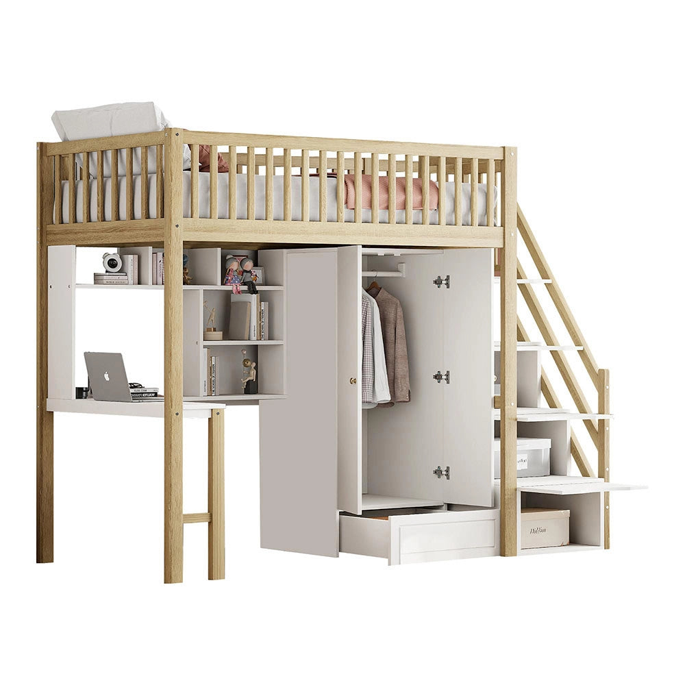 Letto a Soppalco Multifunzione – Xylo – 90x200cm, Legno Bianco, Grande Armadio, Scaffale, Tavolo, Scala, Ripostiglio