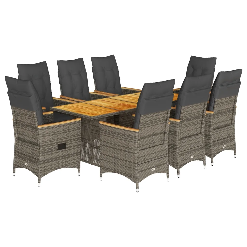 Set da Pranzo da Giardino 9 pz con Cuscini in Polyrattan Grigio