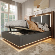 LETTO 90x200 cm con LED, contenitore, lino grigio e noce