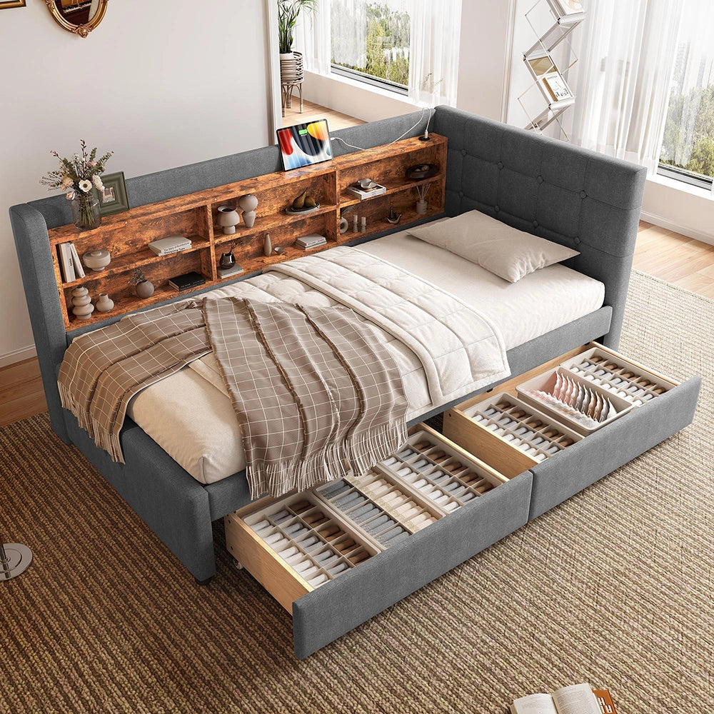 Divano letto 90x200cm?- Xylo - 2 cassetti USB-C lino grigio