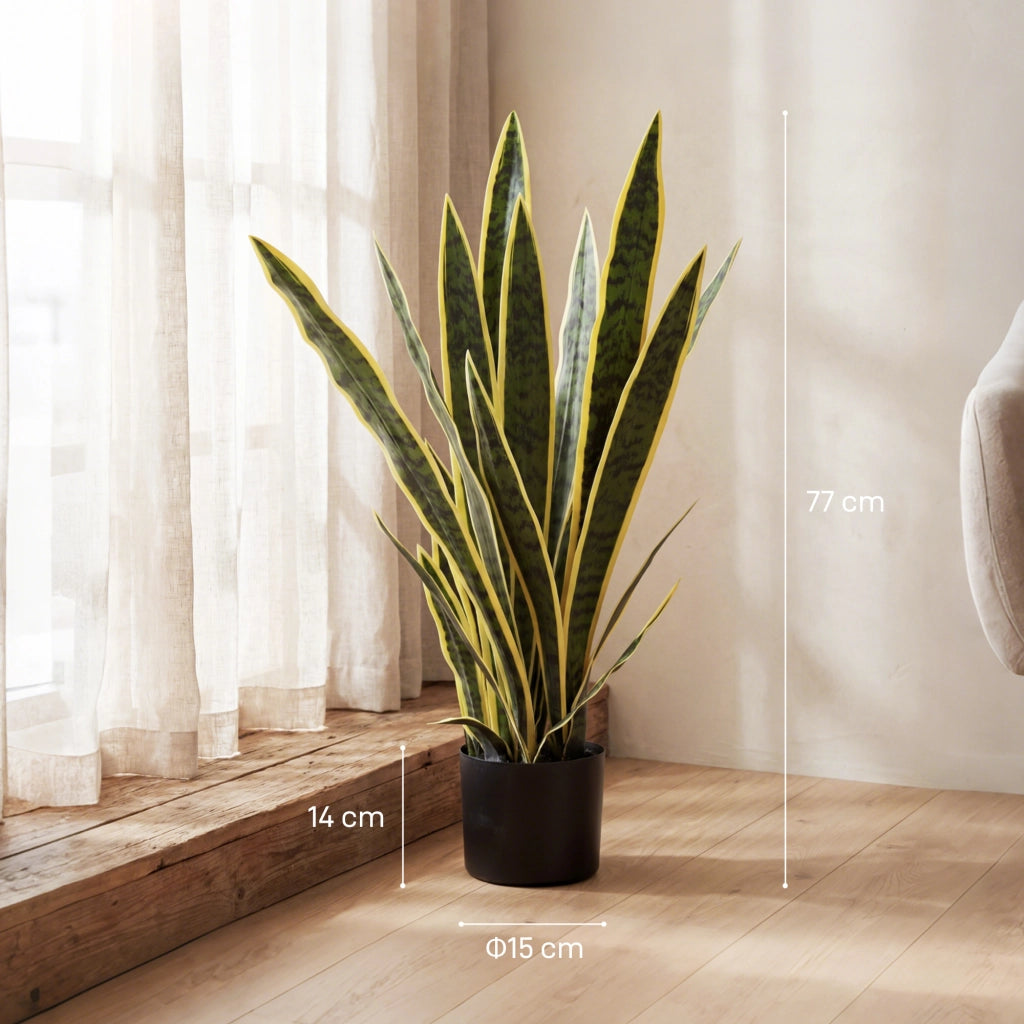 Pianta Finta Sanseveria Artificiale Realistica con Vaso ¨C Minimal ¨C Verde e Giallo ?15x80cm