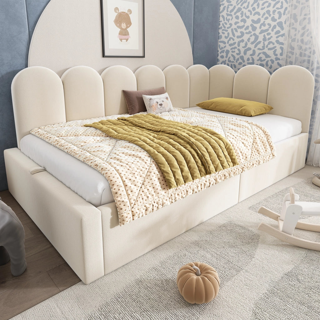 OKWISH Letto a Divanetto Singolo con Contenitore, Vano Contenitore Idraulico e Testiera, 190×90 cm, senza Materasso, Velluto, Beige
