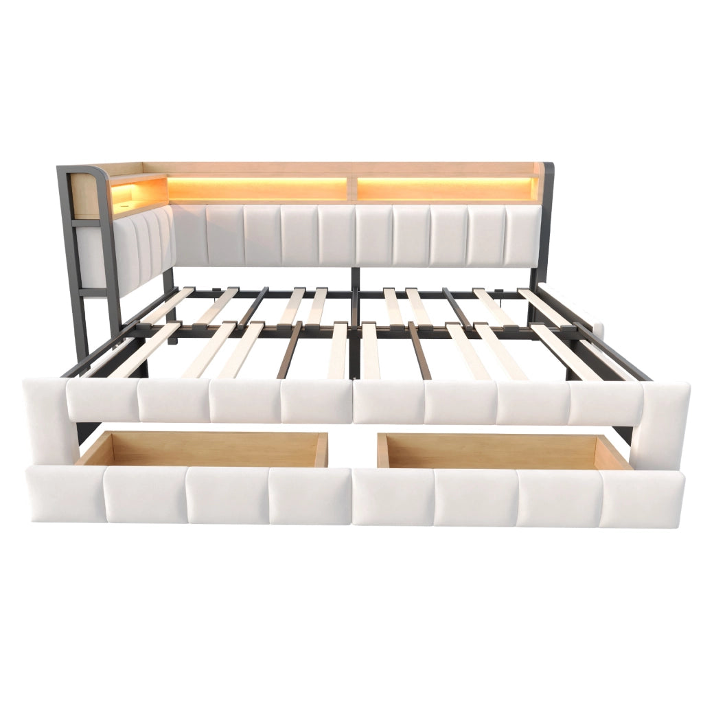 Divano letto imbottito 90/180x200 cm in velluto beige con LED; USB; Type-C e cassetti