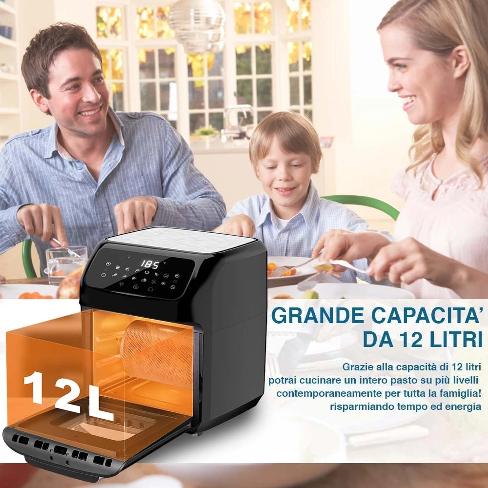 Friggitrice Aria Calda Air Fryer 12 L 1800W Display LCD 12 Programmi con Accessori Nero