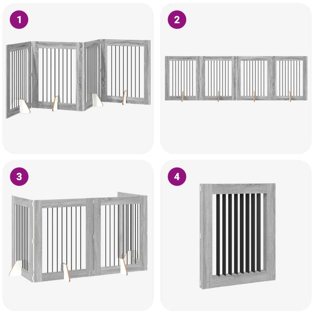 Cancello per cani pieghevole con supporti 4 pz Sonoma grigio 892046