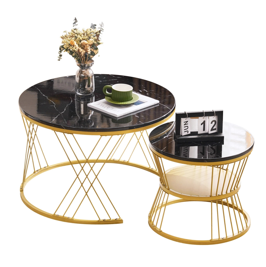Tavolini da salotto 70x70x47 cm e 45x45x40 cm; set impilabile effetto marmo; MDF nero