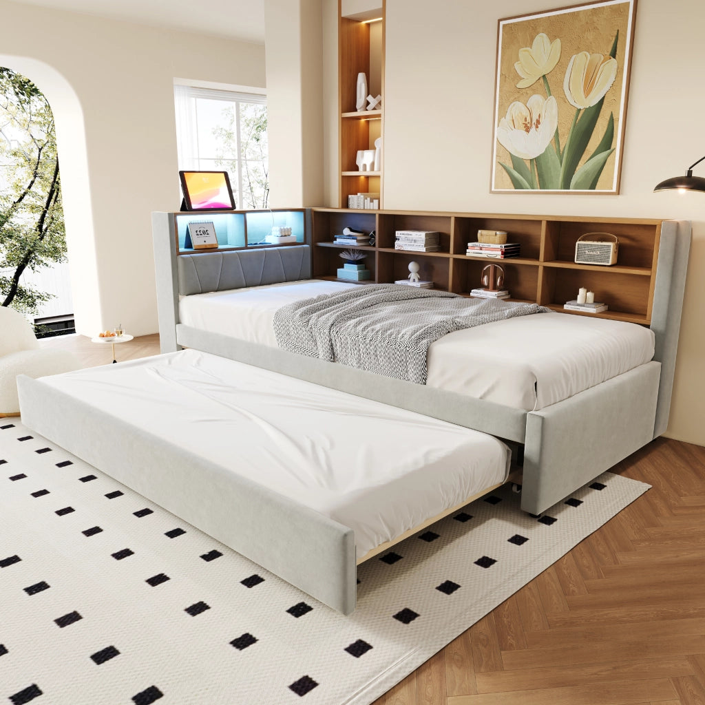 LETTO DIVANO ESTRAIBILE 90x200 cm con LED, USB e Flanella Grigio Chiaro