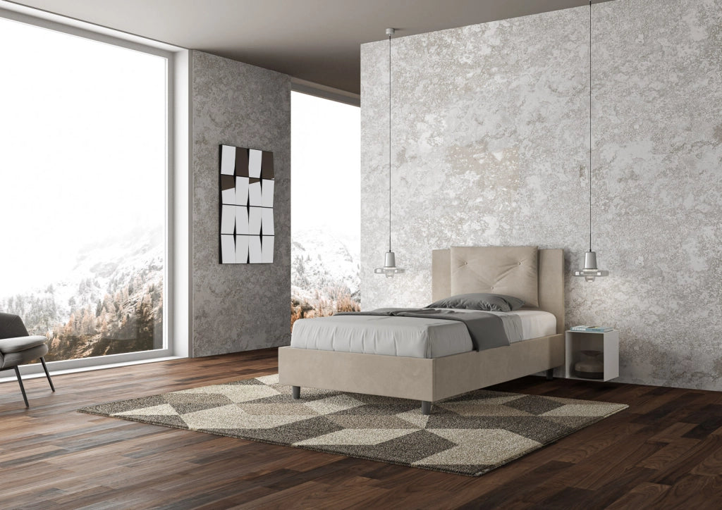 BS COM Letto singolo con rete imbottito 100x210 microfibra sabbia