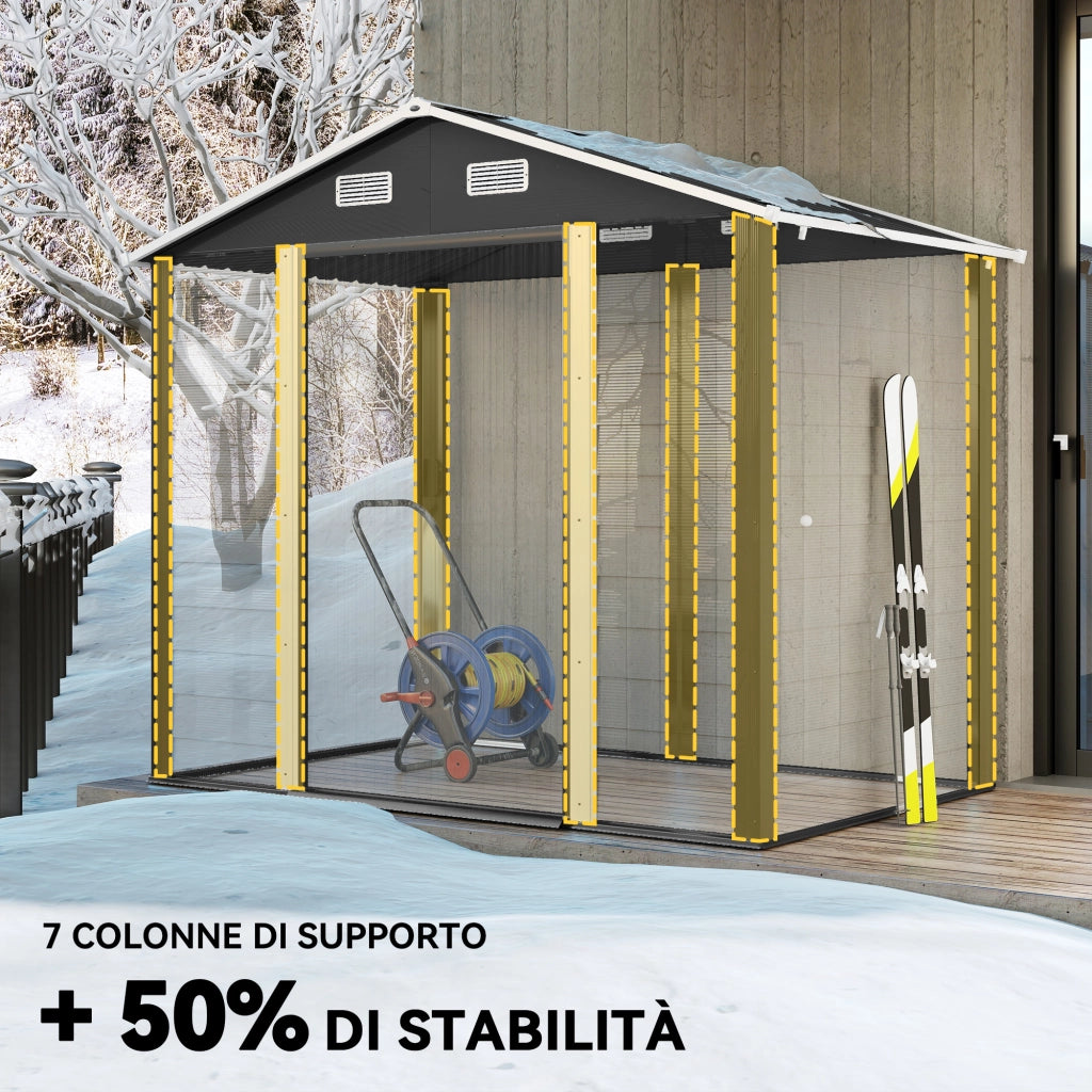 Casetta porta Attrezzi con Porte Scorrevoli e 4 Prese d'Aria, in Acciaio e PP 196x236x208 cm, Grigio Scuro