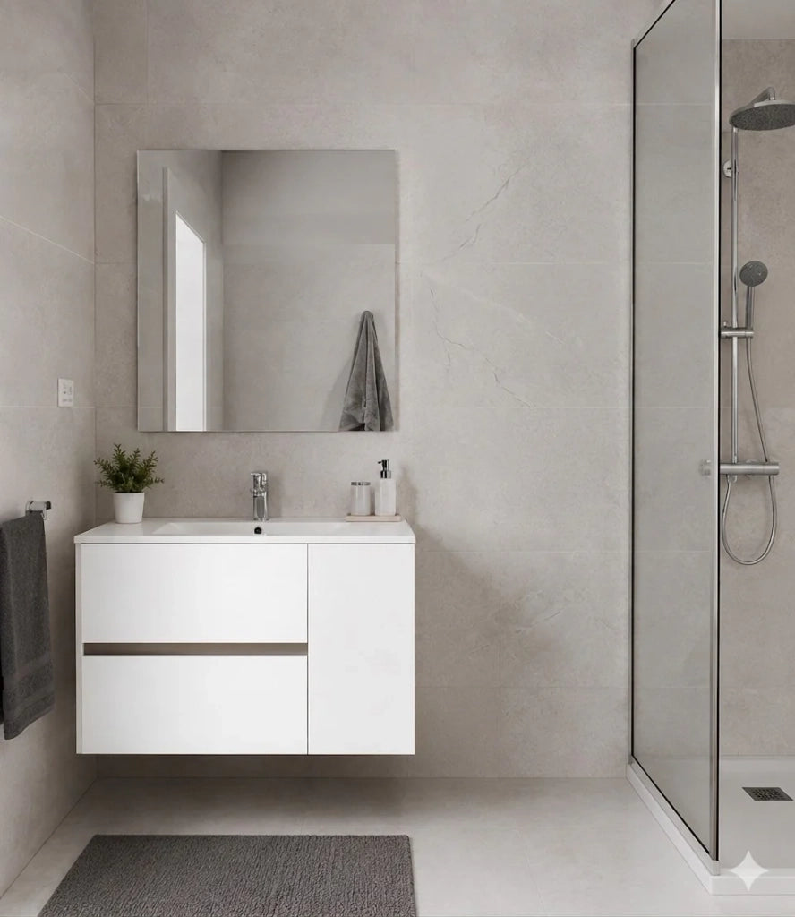 Mobile Bagno HEIMDALL Già Montato 2 cassetti e porta, lavabo e specchio Bianco lucido 120x45 cm doppio lavabo