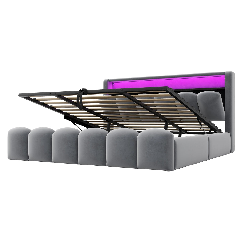 LETTO Contenitore 180x200 cm in velluto grigio con USB, USB-C e LED