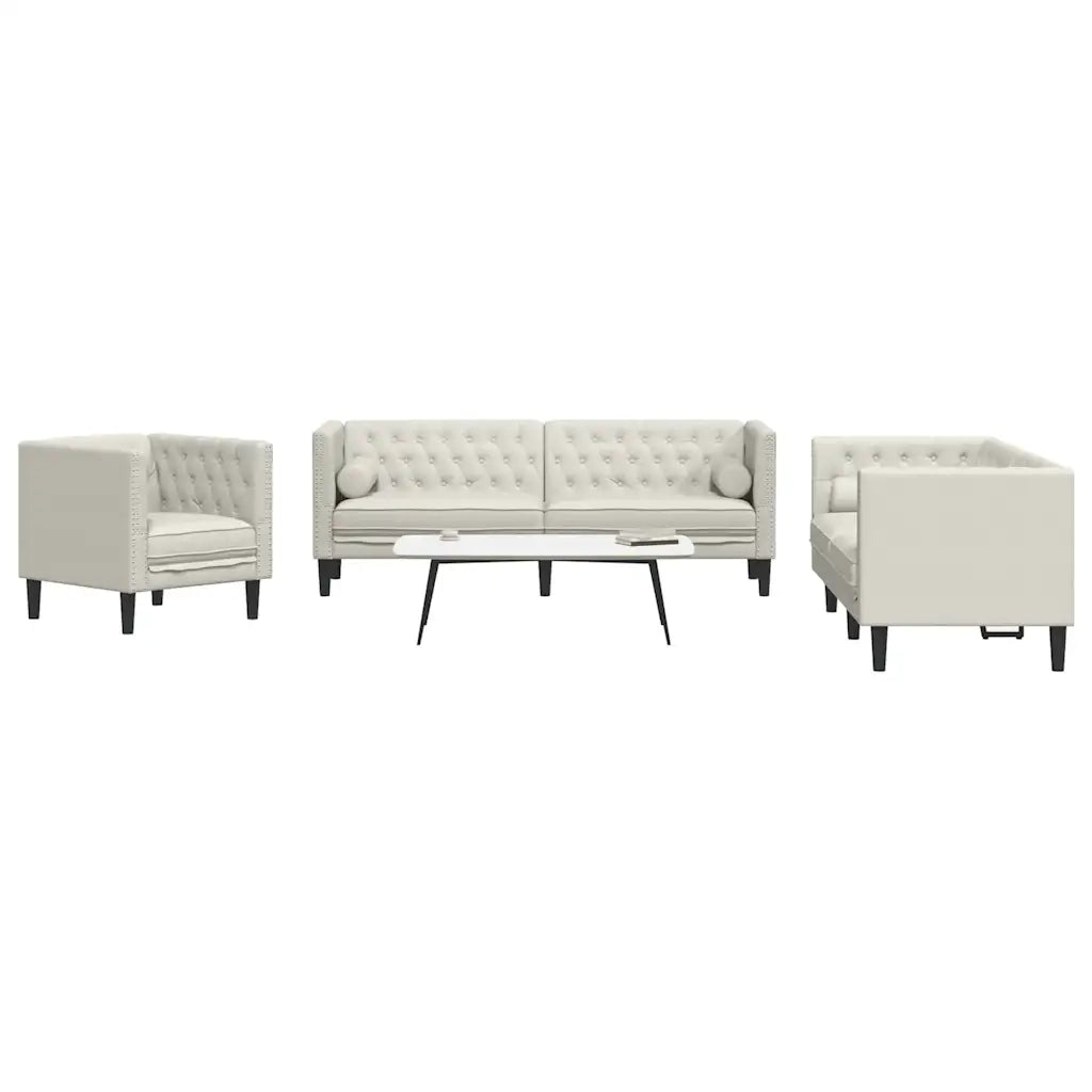 Set Divani Chesterfield 3pz con Cuscini Crema Velluto