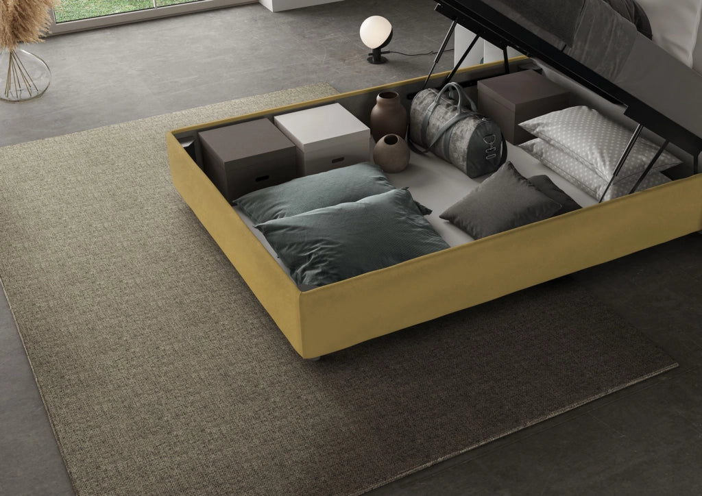 BS COM Letto matrimoniale francese contenitore imbottito 140x200 microfibra ocra