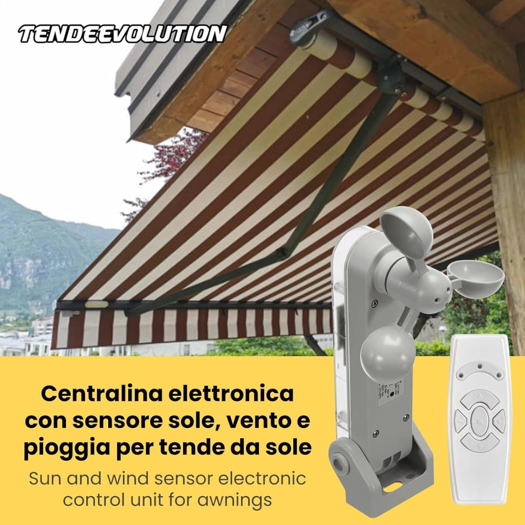 KIT Centralina Automatizzata con Telecomando e Sensore Integrato Sole, Vento e Pioggia per Tende da Sole