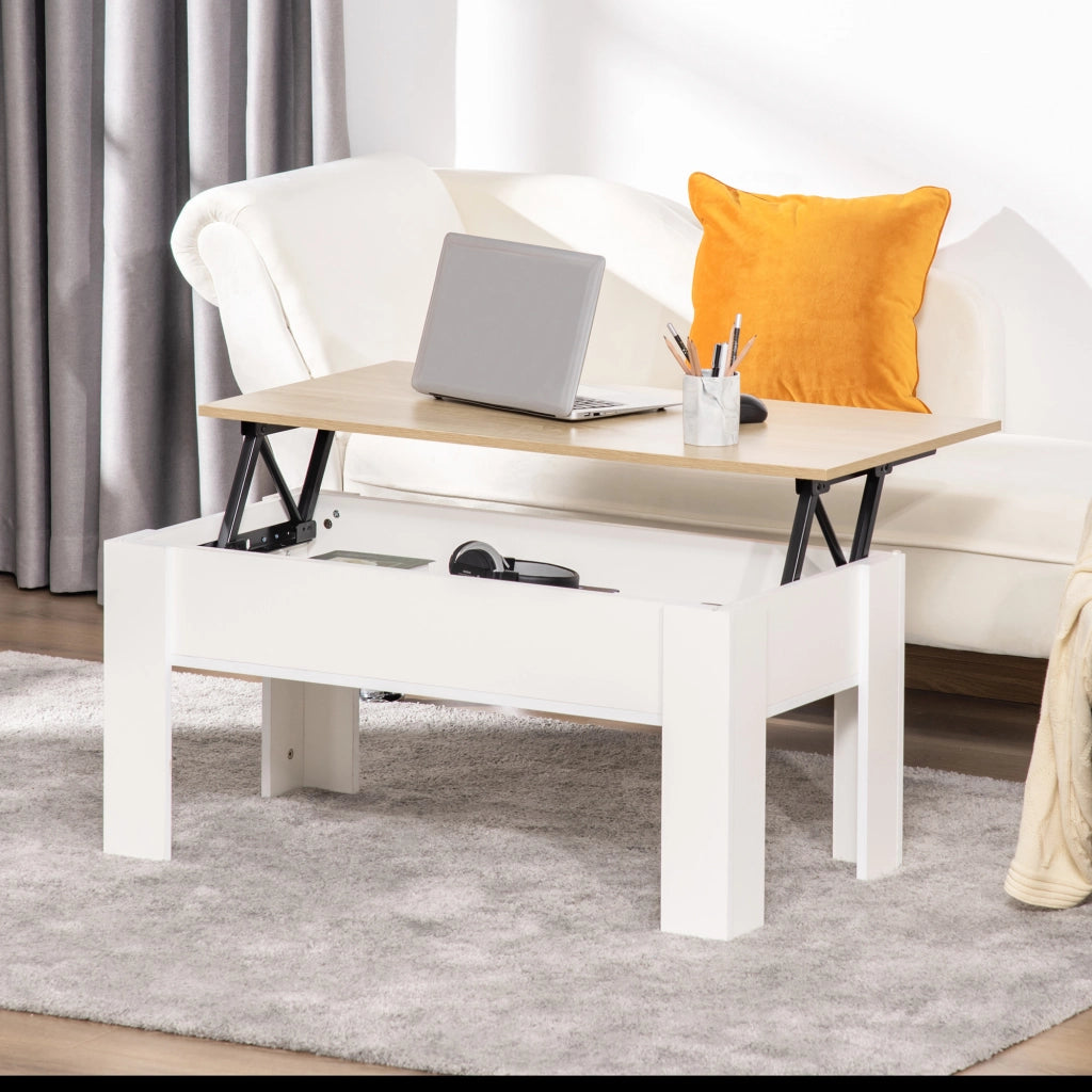 Tavolino da caff¨¨ con piano elevabile e vano contenitore ¨C Xylo ¨C Bianco e legno naturale 100x50cm