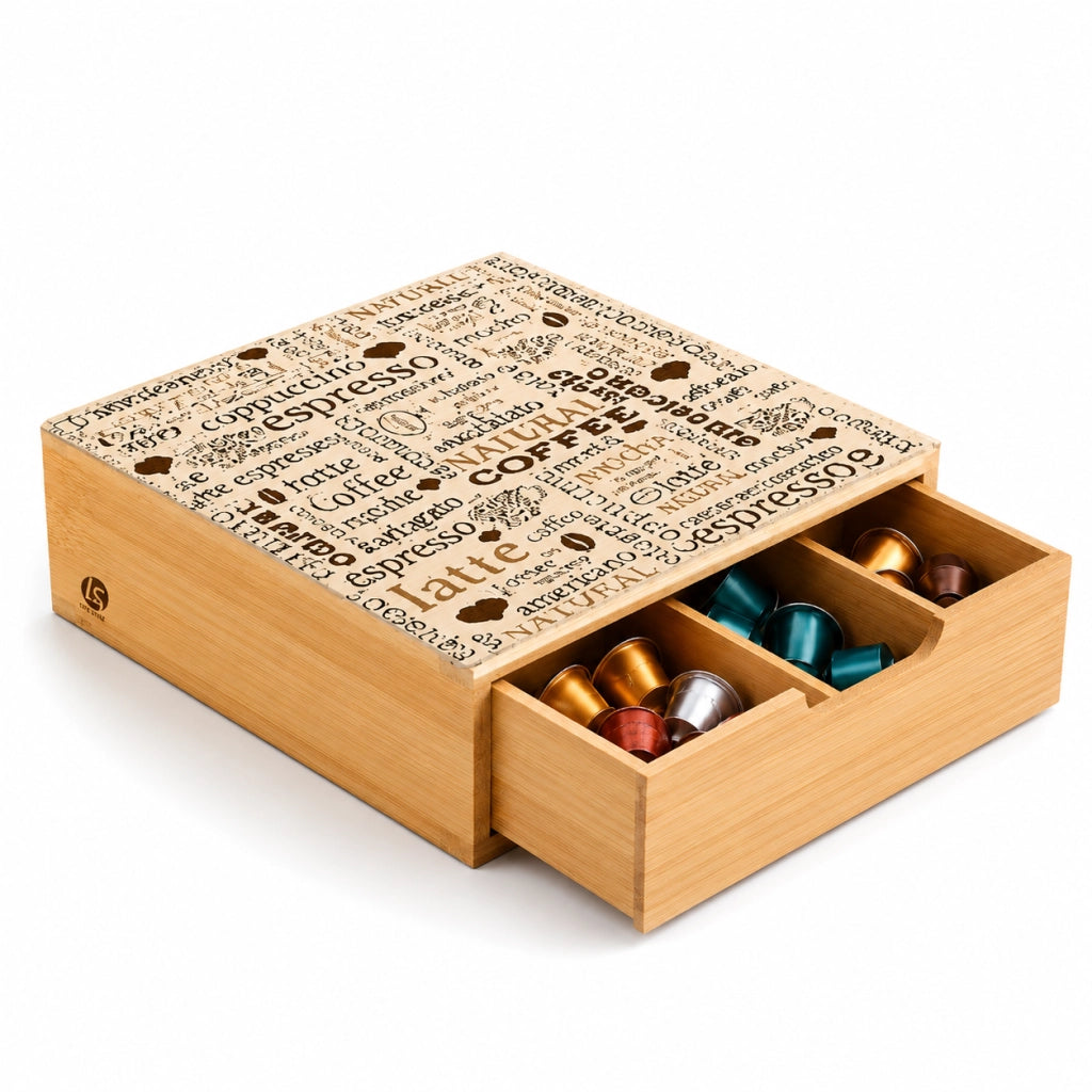 Porta Capsule e Cialde in Bambù con Cassetto e Piano in Vetro Temperato 30x30 cm