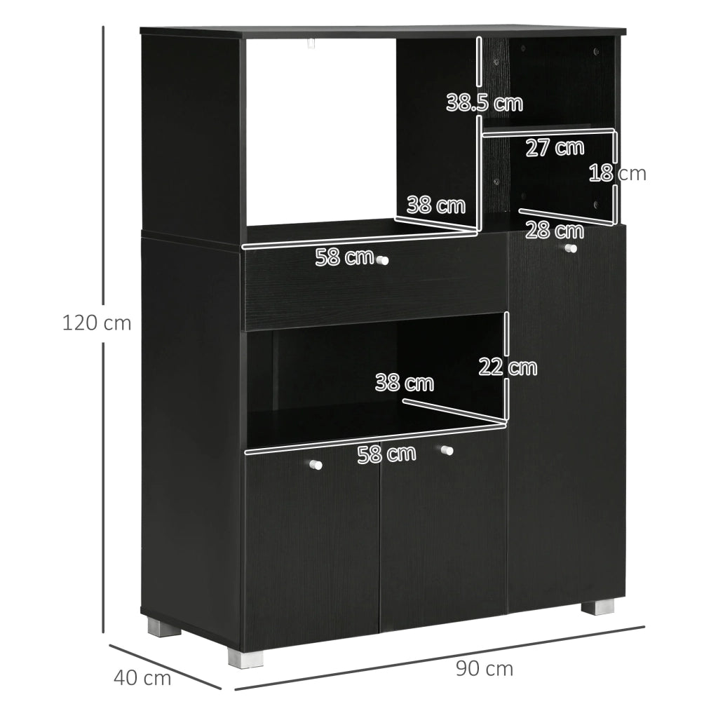Credenza da Cucina 90x40x120 cm per Microonde con Armadietti Mensole e Cassetto in Legno Nero