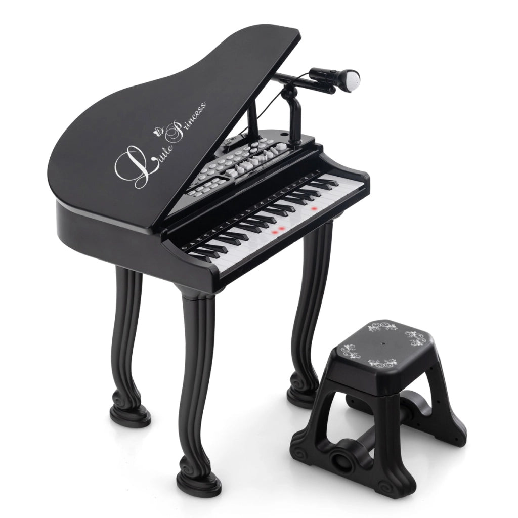 Tastiera a 37 tasti per bambini con sgabello, Pianoforte giocattolo multifunzionale portatile con microfono Nero