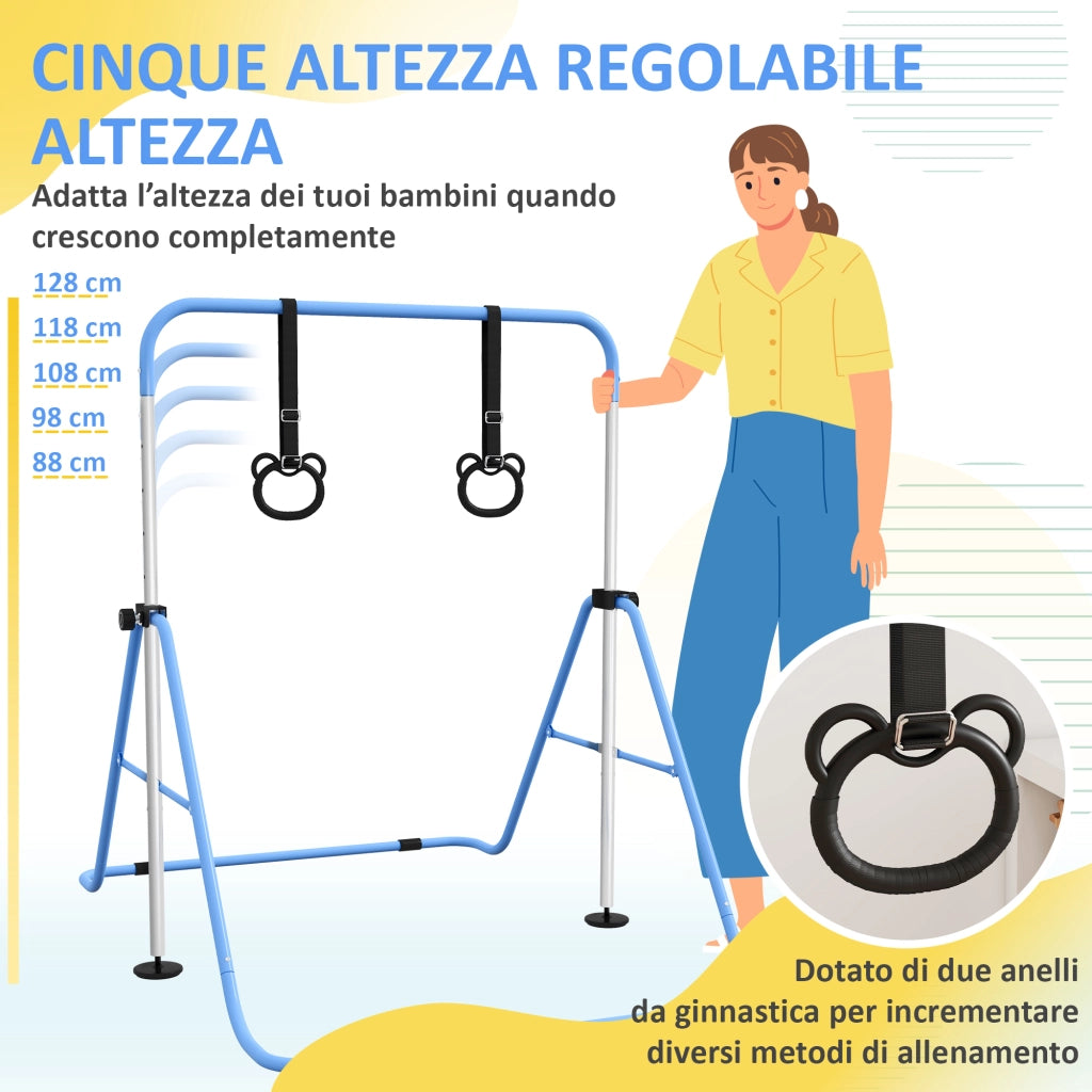 Sbarra Ginnastica Artistica per Bambini 148x105x88-128 cm ad Altezza Regolabile con 2 Anelli in Acciaio Blu