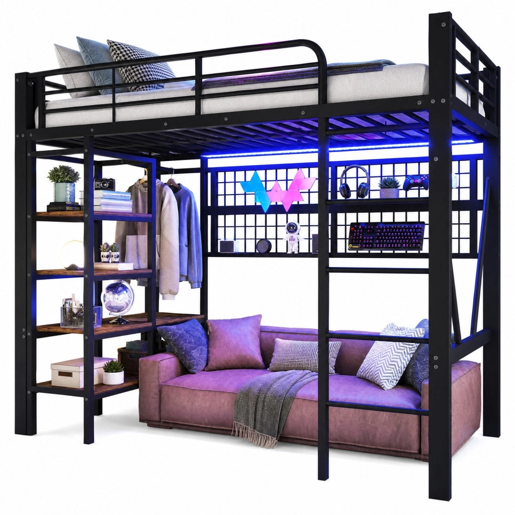 Letto a soppalco 90x200 cm in metallo e MDF con LED; ripiano e griglia; nero