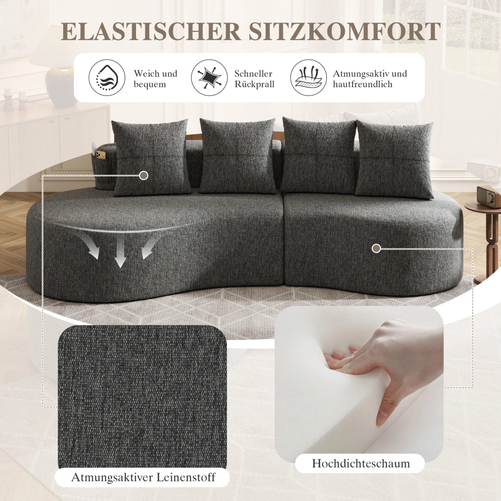 DIVANO 240x109x60 cm in lino grigio scuro con 4 cuscini