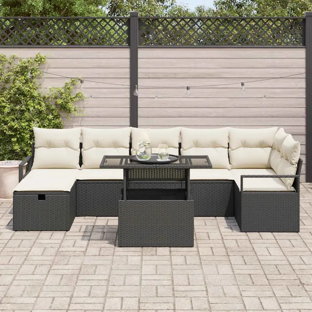 Set Divano da Giardino con cuscino 8 pcs Nero Poly Rattan
