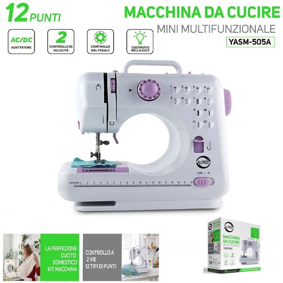 MACCHINA DA CUCIRE PORTATILE CON PEDALE 2 VELOCITÀ E 12 PUNTI CUCITO YASM-505A