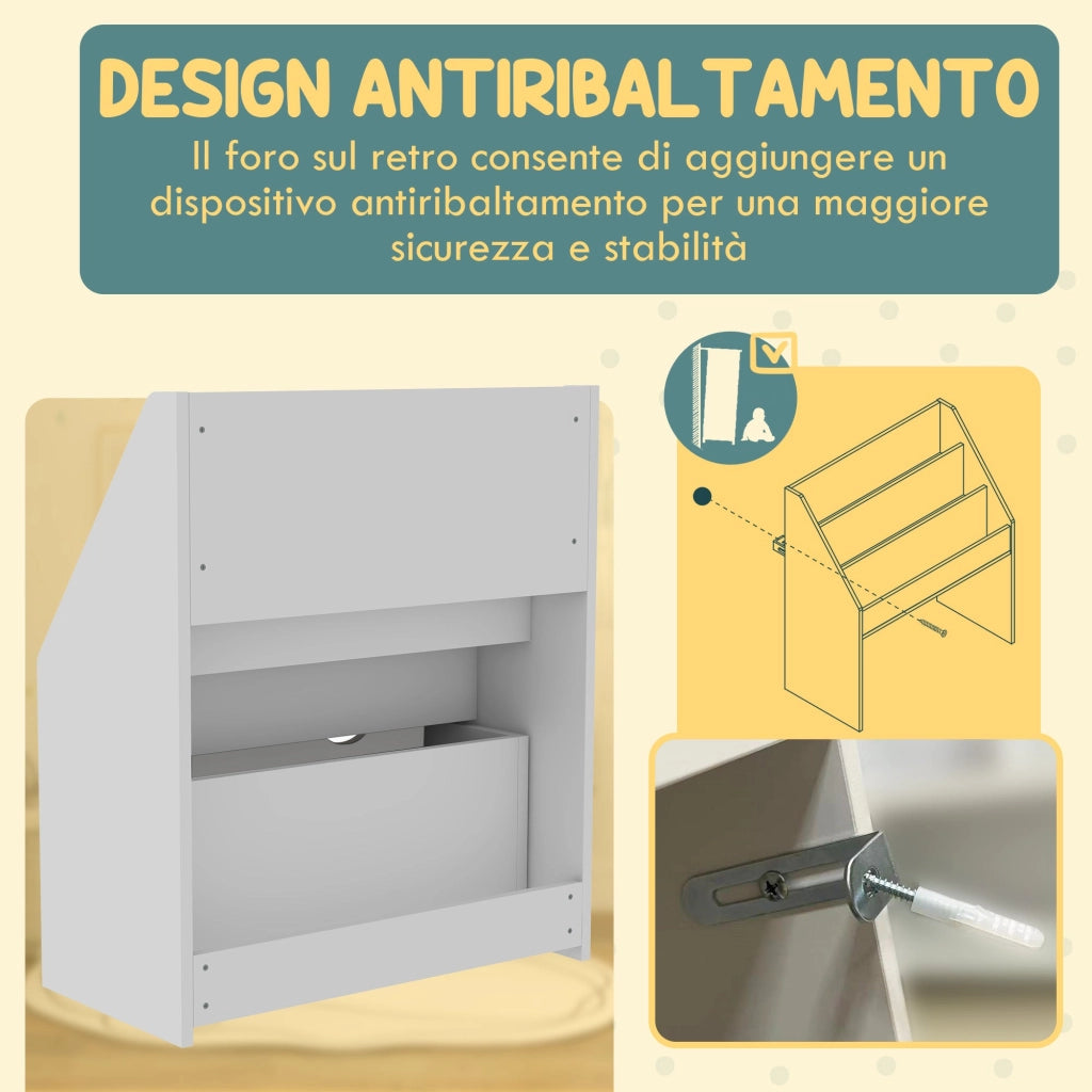 Libreria per Bambini 62.5x30x70 cm 3 Ripiani e Cassetto Inferiore Bianco