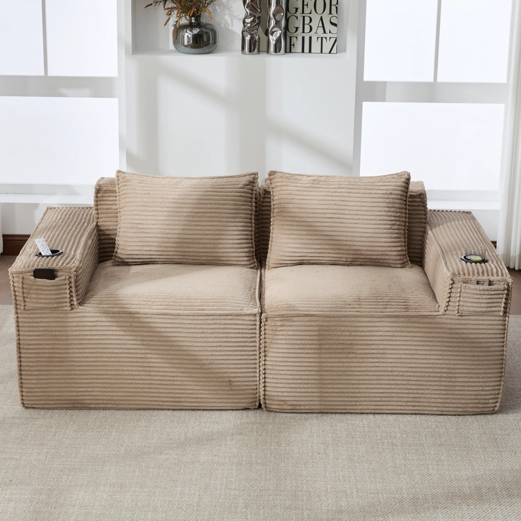 Divano Modulare 2 Posti con Portabicchieri e Tasche Laterali, Seduta con Molle, in Velluto a Coste Cachi 188 × 90 × 75 cm