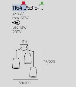 SOSPENSIONE BIANCO SPOSTABILE 3 LUCI RAME 1164BI-S3 S-RA