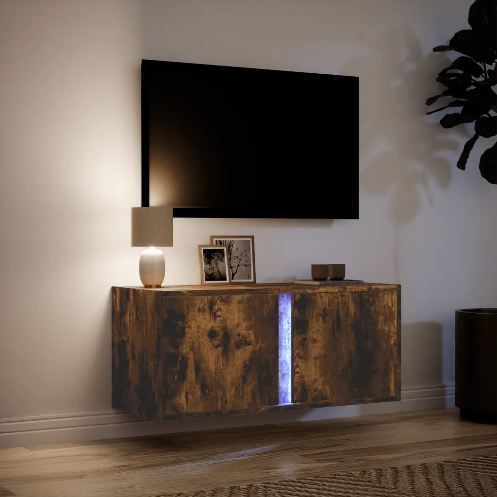 Mobile TV a Parete con Luci LED-Mobile TV a Muro Rovere Fumo 80x31x35 cm 406759