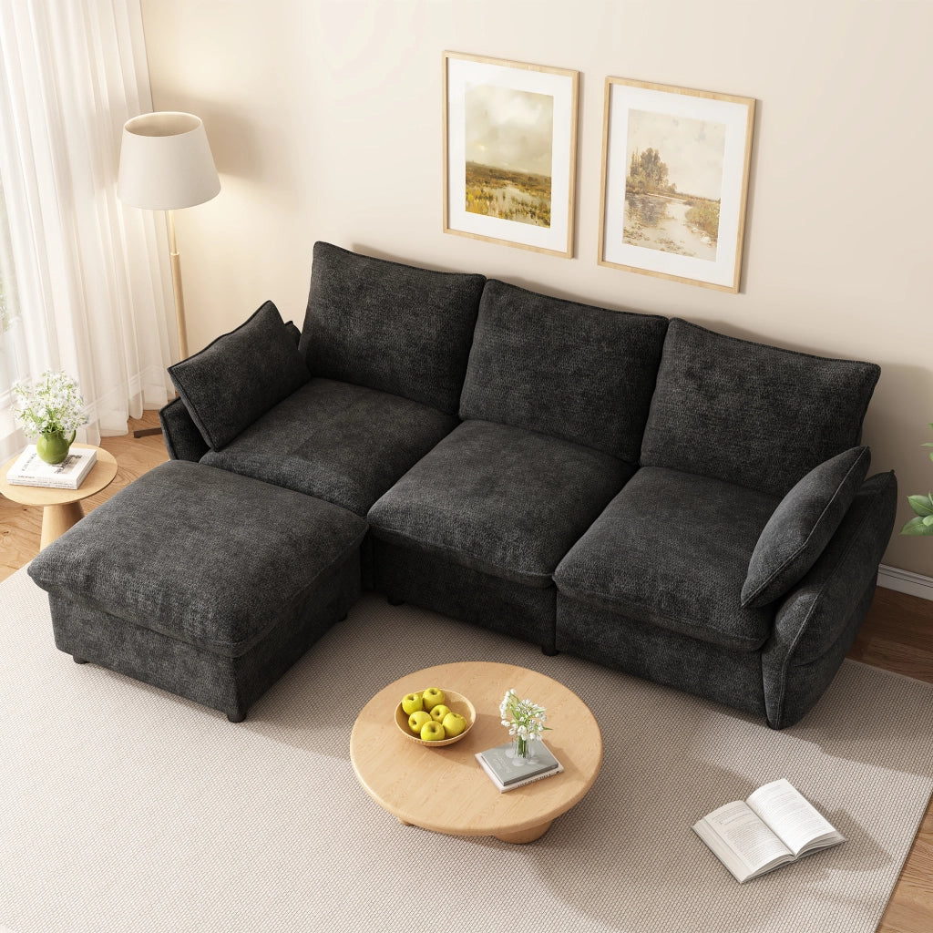 DIVANO ANGOLARE L 222,5x154,5x76,5 cm Chenille Grigio Scuro con pouf e 2 cuscini