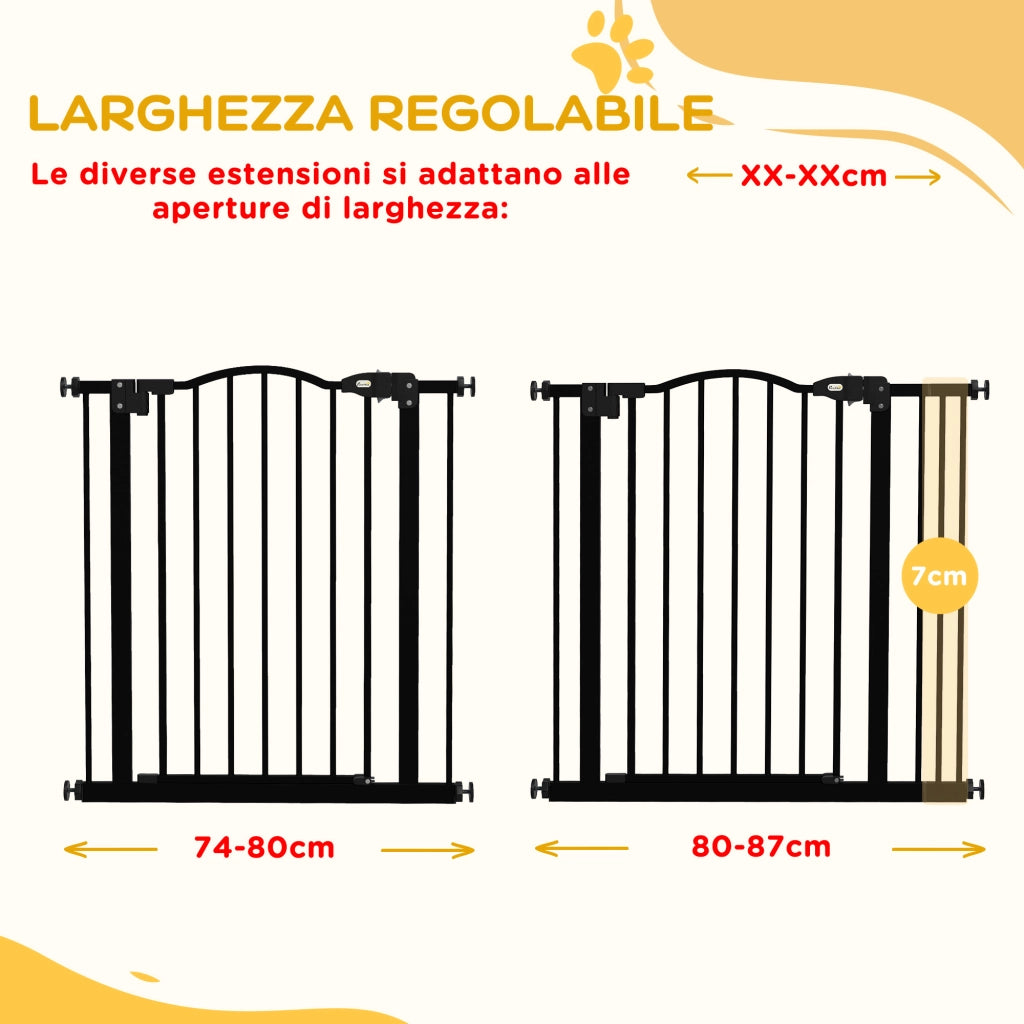 Cancelletto per Cani Estensibile con 2 Blocchi e Chiusura Automatica, in Metallo e Plastica, 74-87x78 cm, Nero