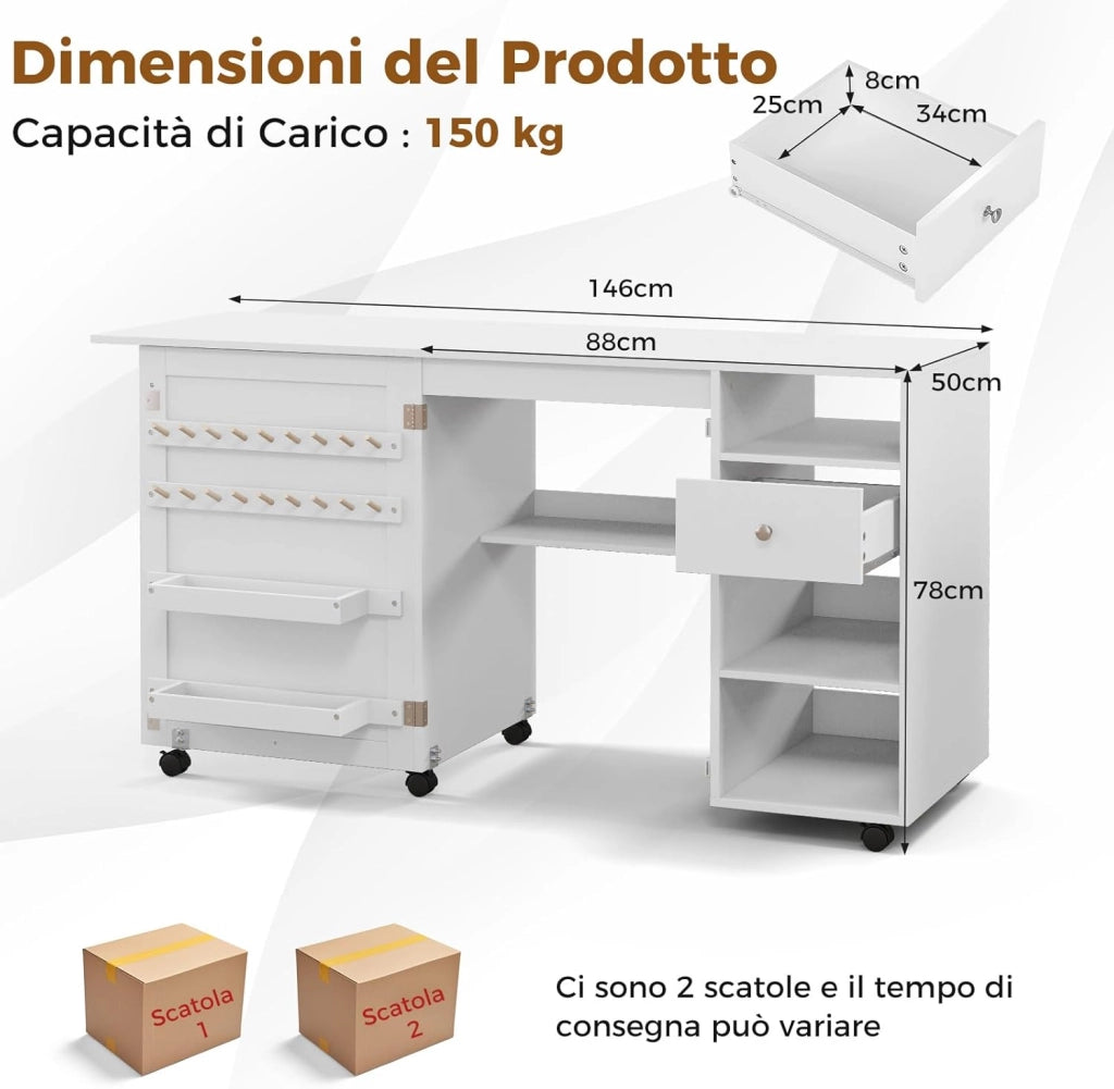 Tavolo per Macchina da Cucire Pieghevole, Tavolo per Cucito con Ripiani per Stoccaggio, Vassoi, Cassetto, Ganci e 6 Ruote Bloccabili, Bianco