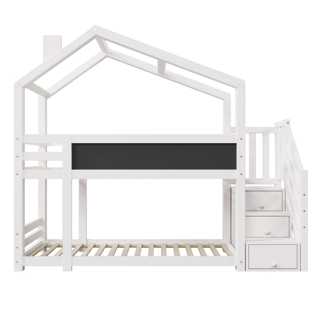 Letto a castello a casetta 90x200 cm con scala contenitore e lavagna