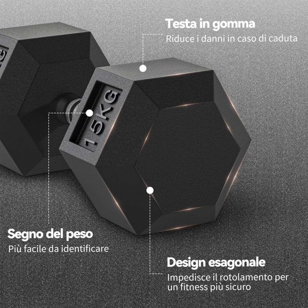 Manubrio 15 kg Esagonale ¨C Minimal ¨C Nero Acciaio Gomma ?15.5x33.6 cm