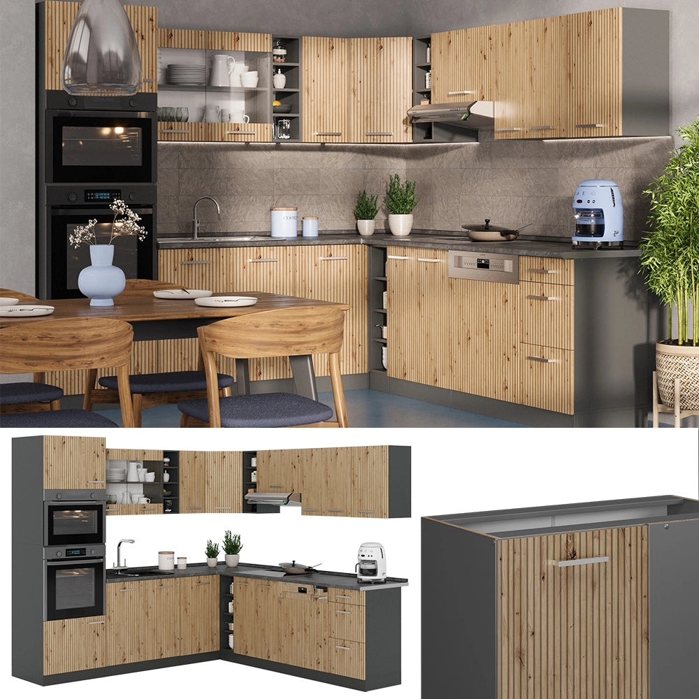 Cucina angolare completa R-Line Rovere artigianale/Antracite 247 x 237 cm, PL Antracite Vicco
