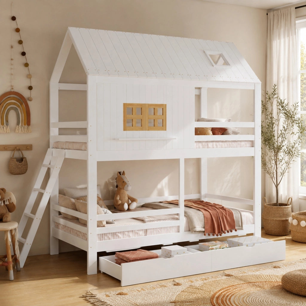 Letto a castello per bambini con finestre, tetto e due cassetti