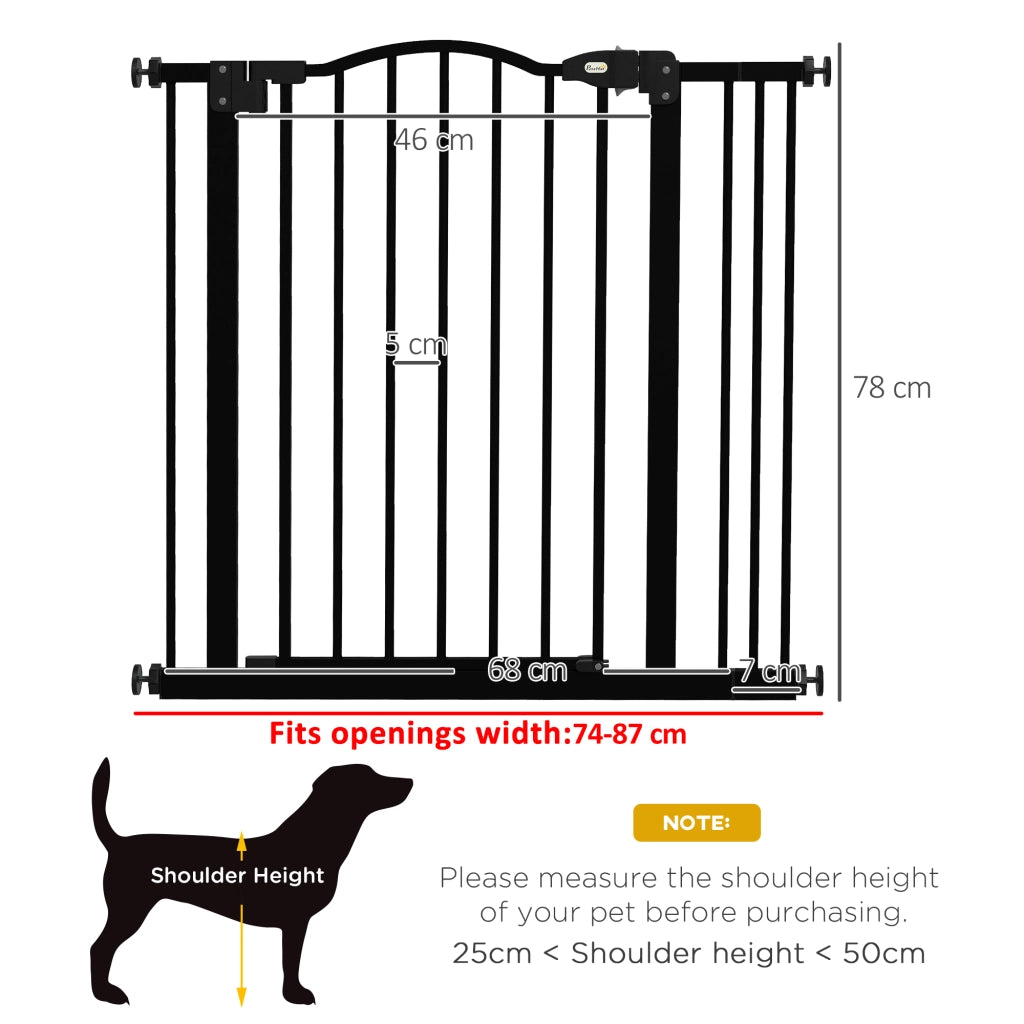 Cancelletto per Cani Estensibile con 2 Blocchi e Chiusura Automatica, in Metallo e Plastica, 74-87x78 cm, Nero