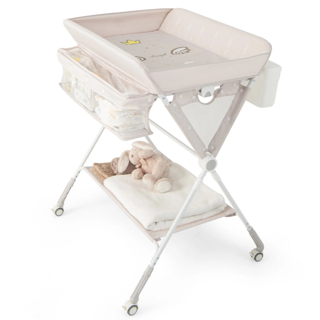 Fasciatoio per pannolini con ruote 3 altezze regolabili cintura di sicurezza, Organizzatore per neonato Beige-Fasciatoi