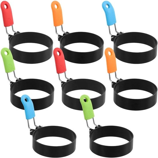 Set di Anelli per Uova 8 pezzi - Anelli per Uova in Acciaio Inossidabile - Anelli per Uova Antistatici - Manico in Gomma Silicone - Dimensioni 7,5 x 2,2 cm - Per Uova Sfogliate - Elettroda per Uova