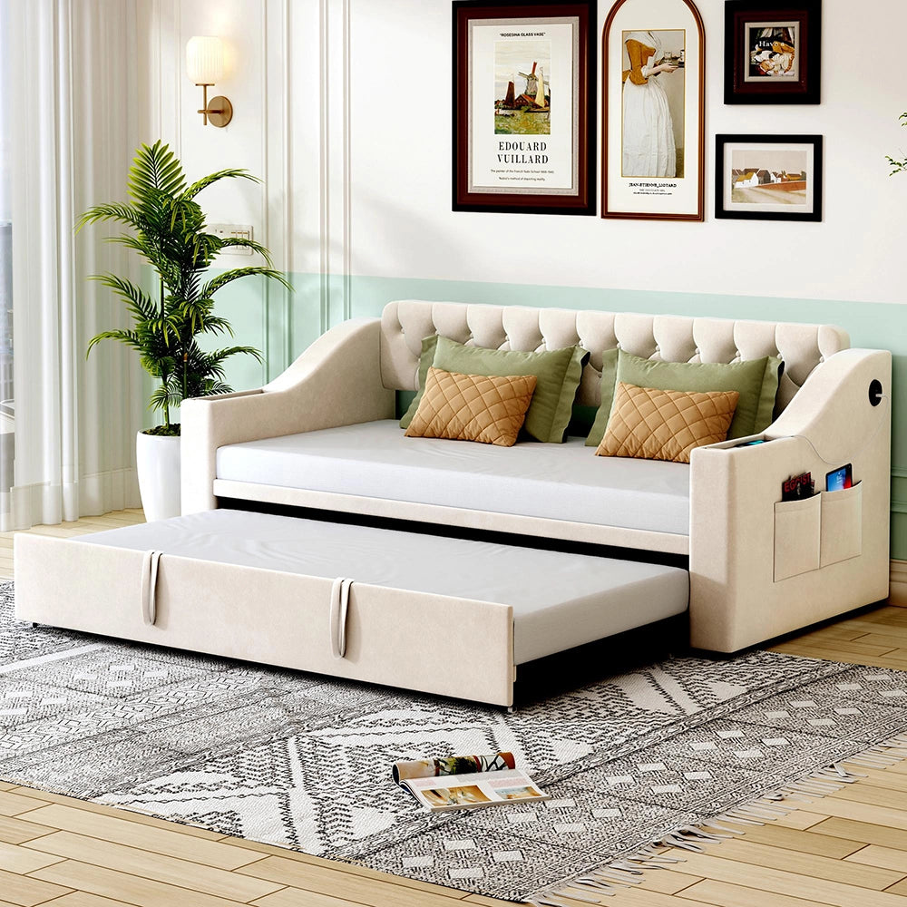Divano letto - Xylo - 90/180x190 cm braccioli USB velluto beige