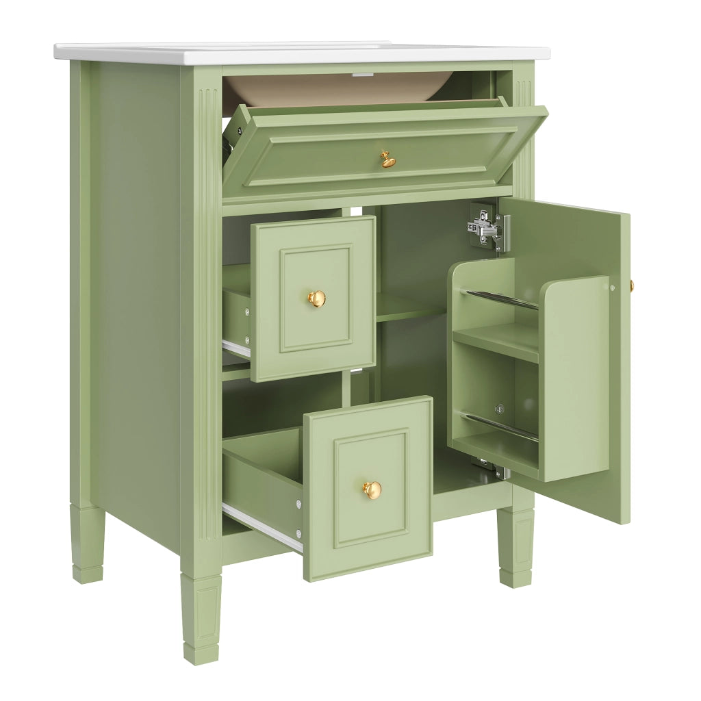 Mobile Bagno 61x47x86 cm Verde Lucido con Lavabo Ceramico, 3 Cassetti, Anta Soft-Close, Senza Rubinetto