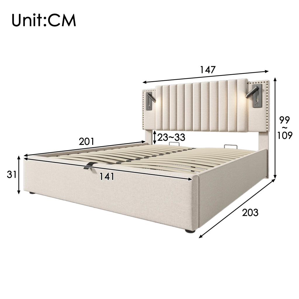 LETTO Contenitore 140x200 cm Beige in cotone con luce da lettura e USB