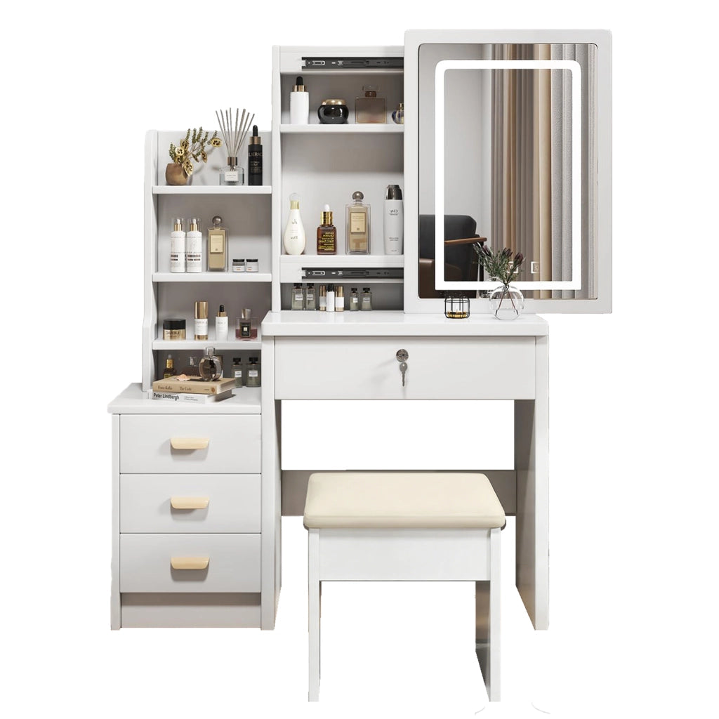 Tavolo Trucco con Specchio Illuminato e Sgabello, 4 Cassetti, Luce 3 Colori ¨C MINIMAL ¨C Bianco 85x130x36cm
