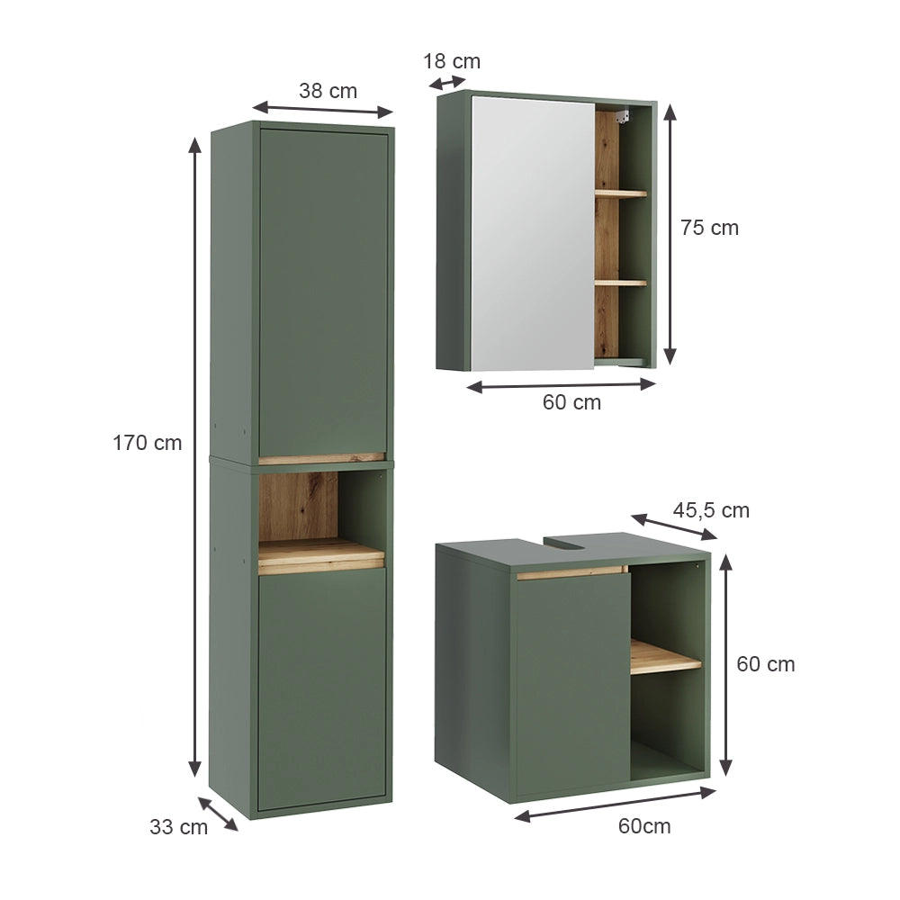 Vicco Set di mobili da bagno Verde/Artigianale 3 parti