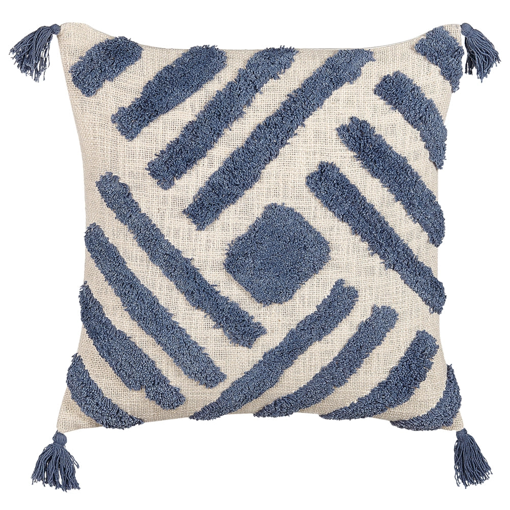 Set di 2 cuscini decorativi cotone beige e blu 45 x 45 cm motivo geometrico nappe rivestimento sfoderabile con imbottitura boho