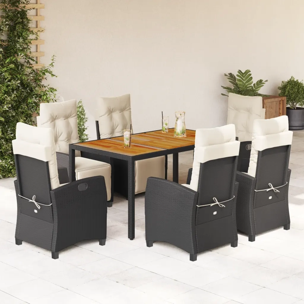 Set da Pranzo da Giardino 7 pz Nero con Cuscini in Polyrattan